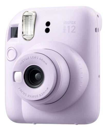 Câmera Instax Mini 12 lilás em perspectiva frontal