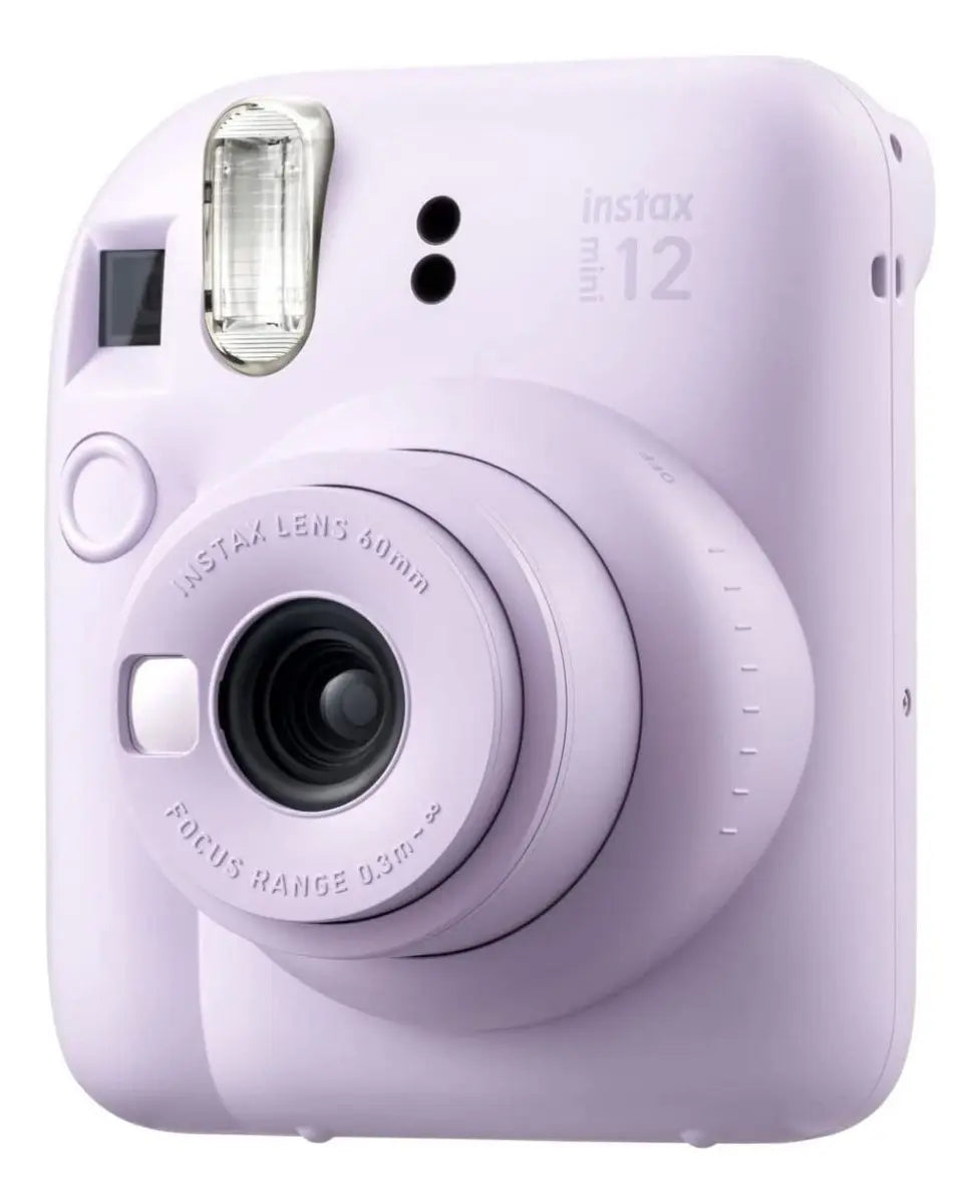 Câmera Instax Mini 12 lilás em perspectiva frontal