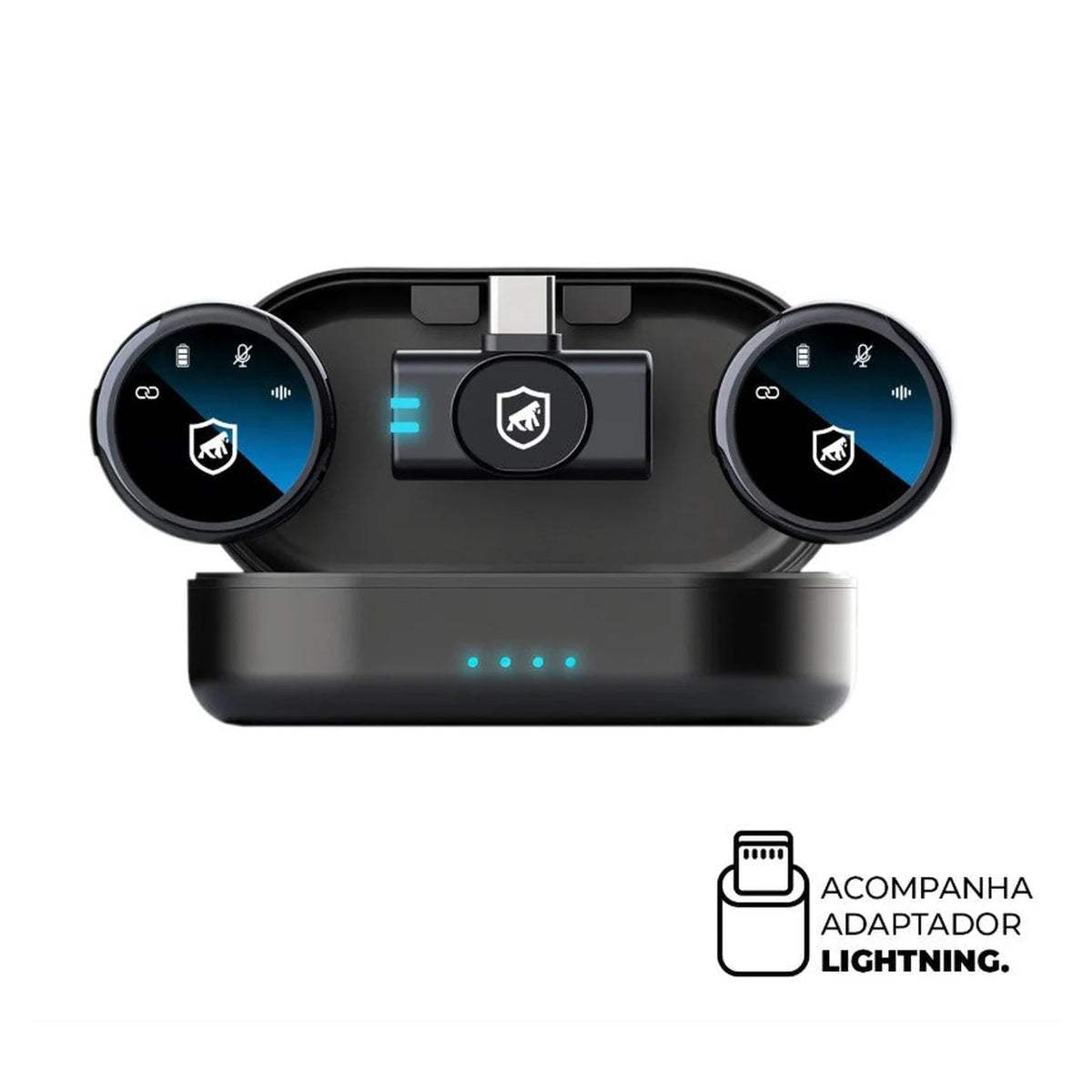 Microfone de Lapela Magnético Gshield Armor preto com estojo e adaptador Lightning