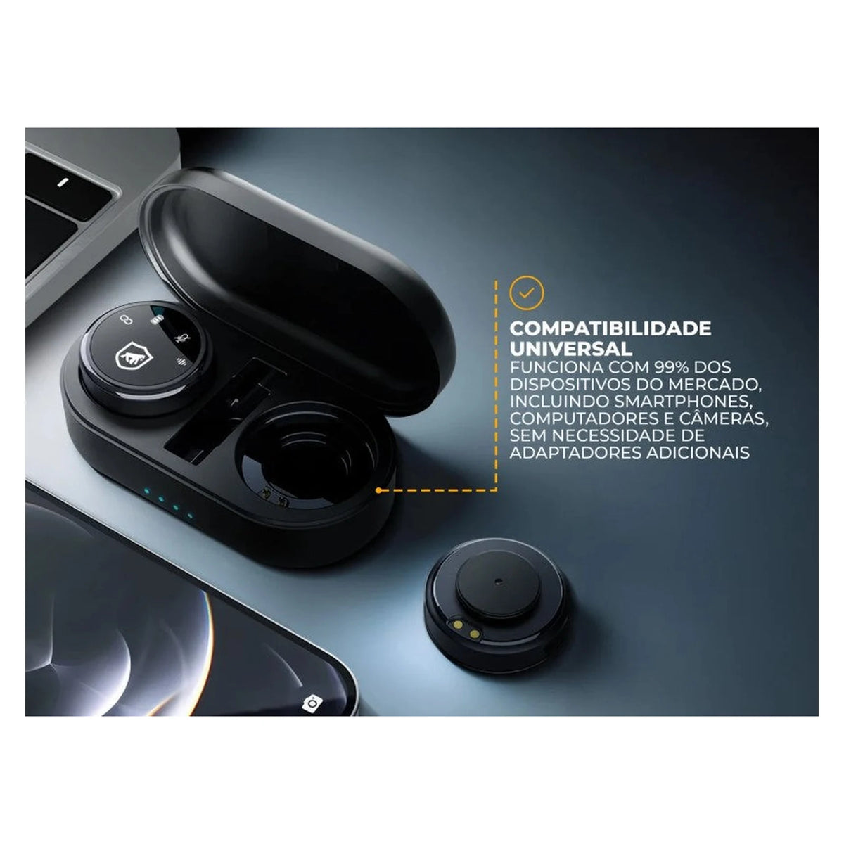 Microfone de Lapela Magnético Gshield Armor preto ao lado do estojo aberto