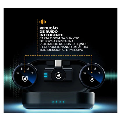 Microfone de Lapela Magnético Gshield Armor preto com estojo de carregamento