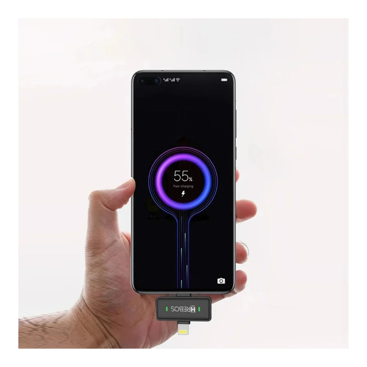 Receptor Lightning Hrebos BragiMic MF-103 conectado a um smartphone