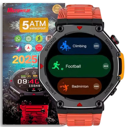 Smartwatch Microwear MREX 4 com pulseira laranja diante da embalagem