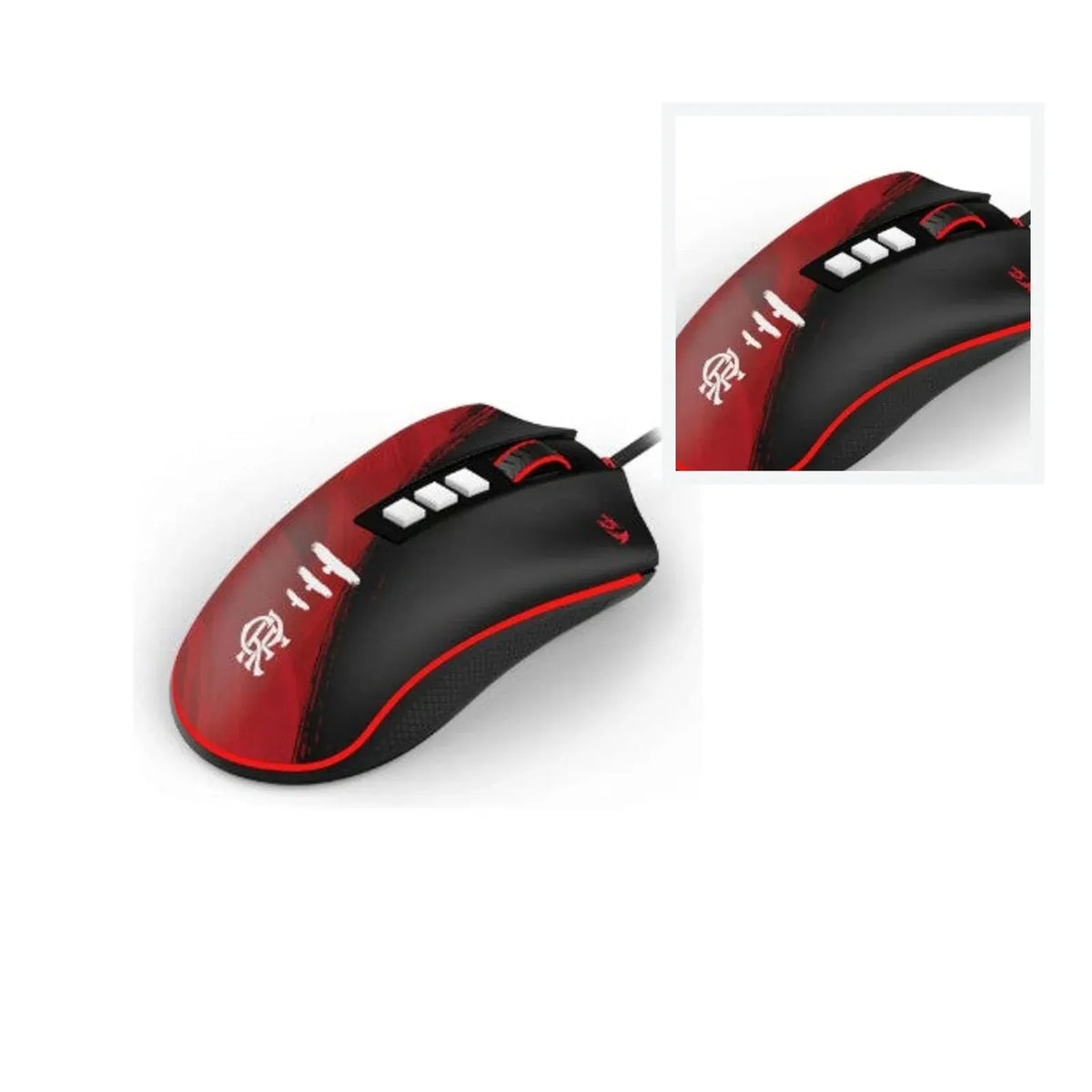 Detalhe dos botões do Mouse Gamer Flamengo Attack preto e vermelho