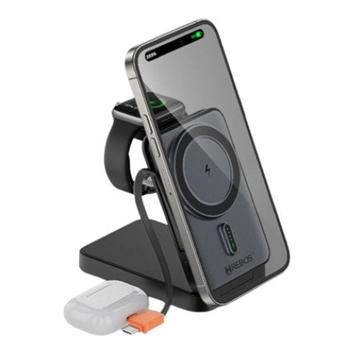 Smartphone apoiado no Power Bank Hrebos NexCharge PB-941 cinza em base articulada