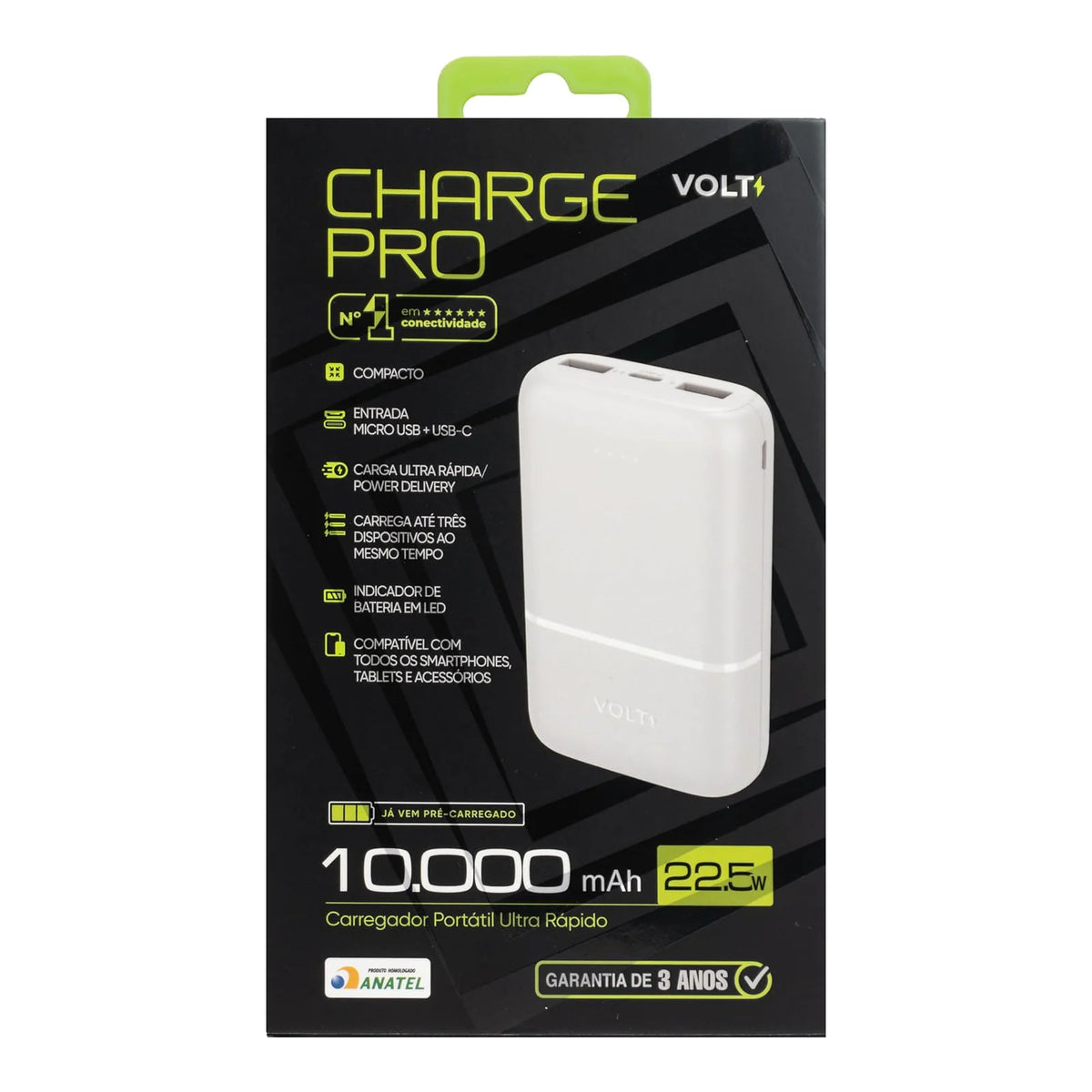 Embalagem frontal do Power Bank Volt Charge Pro 10.000 mAh branco