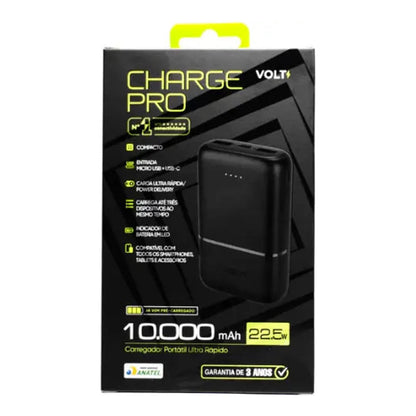 Embalagem frontal do Power Bank Volt Charge Pro 10.000 mAh preto