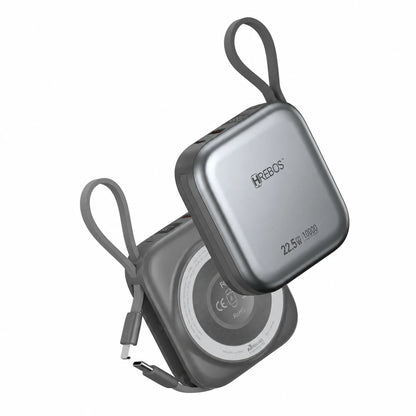 Duas vistas do power bank Hrebos MiniVolt PB-918 cinza com alças e cabos integrados sobre fundo branco