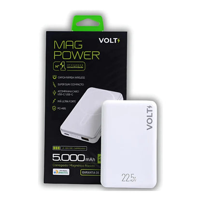 Power Bank Volt Mag Power branco ao lado da embalagem