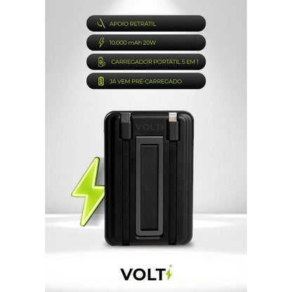 Power Bank Volt Power Sync preto com apoio retrátil e cabos integrados