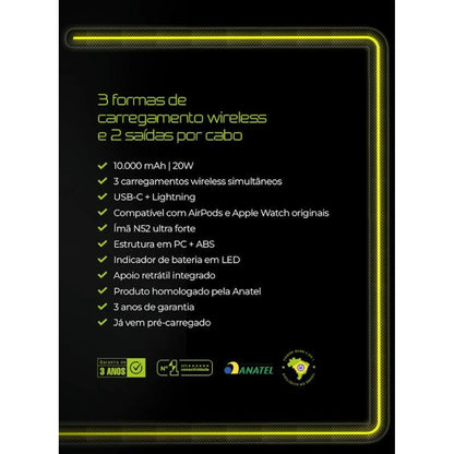 Quadro de recursos do Power Bank Volt Power Sync 10.000 mAh e 20 W