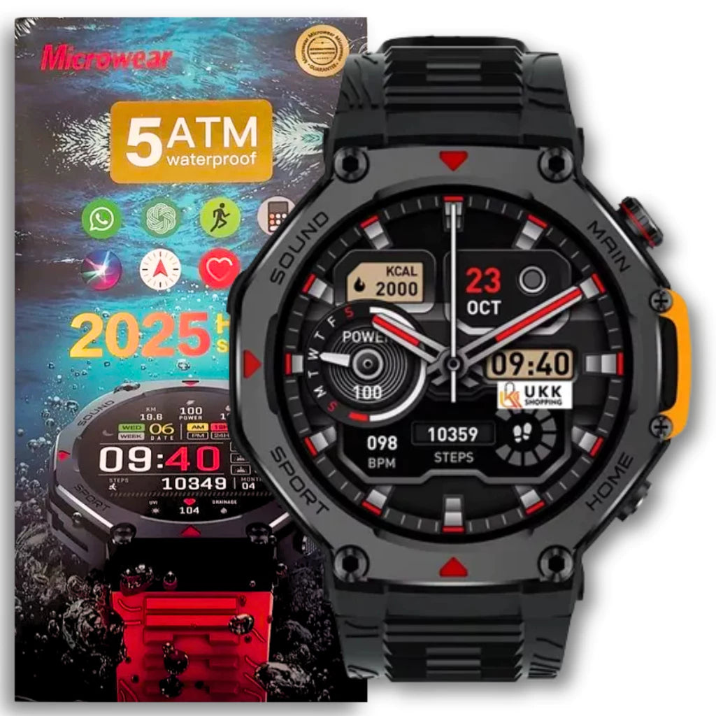 Smartwatch Microwear MREX 4 preto diante da embalagem