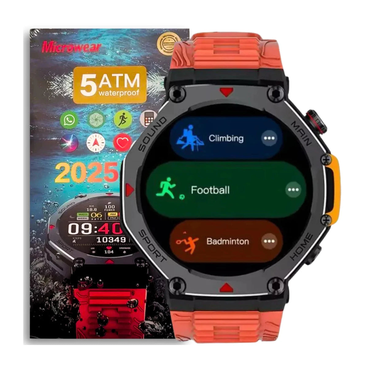 Smartwatch Microwear MREX 4 com pulseira laranja diante da embalagem