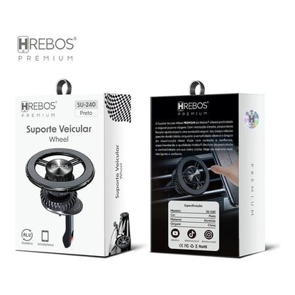 Embalagens frontal e traseira do Suporte Veicular Hrebos Wheel SU-240 preto