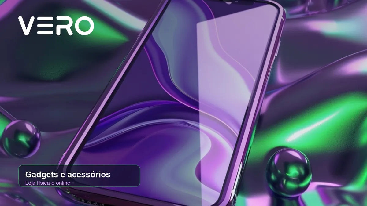 Visual futurista da VERO com smartphone, luzes neon e bolhas transparentes