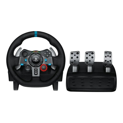 Volante Logitech G29 preto com conjunto de três pedais em vista frontal